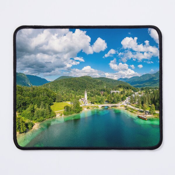 Item preview, Aerial view of Bohinj lake in Julian Alps. Popular touristic destination in Slovenia. Bohinj Lake, Church of St John the Baptist. Triglav National Park, Julian Alps, Slovenia.  designed and sold by Framed Horizons.