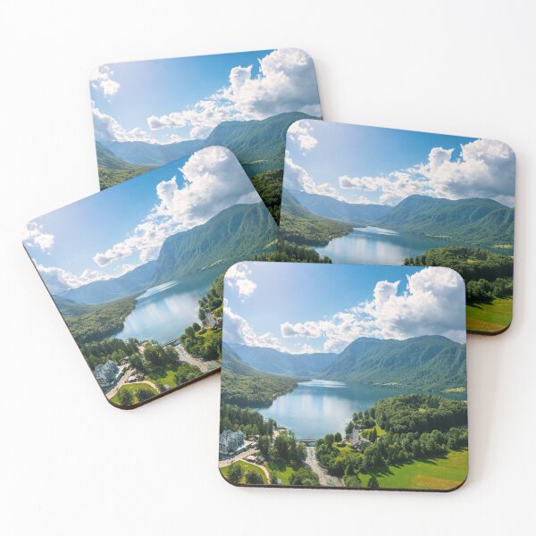 Item preview, Aerial view of Bohinj lake in Julian Alps. Popular touristic destination in Slovenia. Bohinj Lake, Church of St John the Baptist. Triglav National Park, Julian Alps, Slovenia.  designed and sold by Framed Horizons.