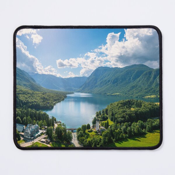 Item preview, Aerial view of Bohinj lake in Julian Alps. Popular touristic destination in Slovenia. Bohinj Lake, Church of St John the Baptist. Triglav National Park, Julian Alps, Slovenia. designed and sold by Framed Horizons.