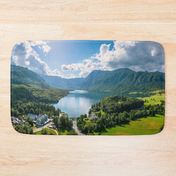 Item preview, Aerial view of Bohinj lake in Julian Alps. Popular touristic destination in Slovenia. Bohinj Lake, Church of St John the Baptist. Triglav National Park, Julian Alps, Slovenia.  designed and sold by Framed Horizons.