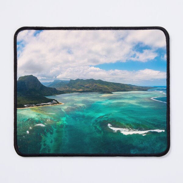 Item preview, Aerial view of Mauritius island panorama and famous Le Morne Brabant mountain, beautiful blue lagoon and underwater waterfall. Le Morne Brabant peninsula and Underwater Waterfall, Mauritius. designed and sold by Framed Horizons.