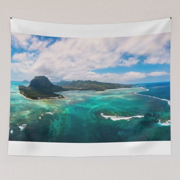 Item preview, Aerial view of Mauritius island panorama and famous Le Morne Brabant mountain, beautiful blue lagoon and underwater waterfall. Le Morne Brabant peninsula and Underwater Waterfall, Mauritius. designed and sold by Framed Horizons.