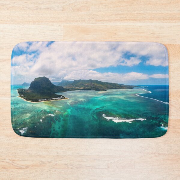 Item preview, Aerial view of Mauritius island panorama and famous Le Morne Brabant mountain, beautiful blue lagoon and underwater waterfall. Le Morne Brabant peninsula and Underwater Waterfall, Mauritius. designed and sold by Framed Horizons.