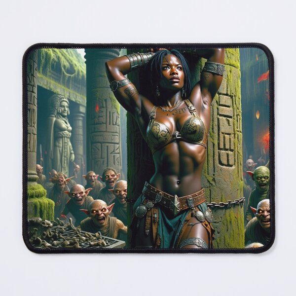 Item preview, Fantasy RPG artwork Black African Queen chained against a pillar by goblins designed and sold by Vintage Designs +.
