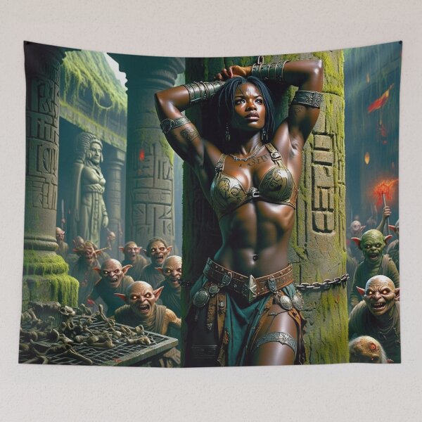 Item preview, Fantasy RPG artwork Black African Queen chained against a pillar by goblins designed and sold by Vintage Designs +.