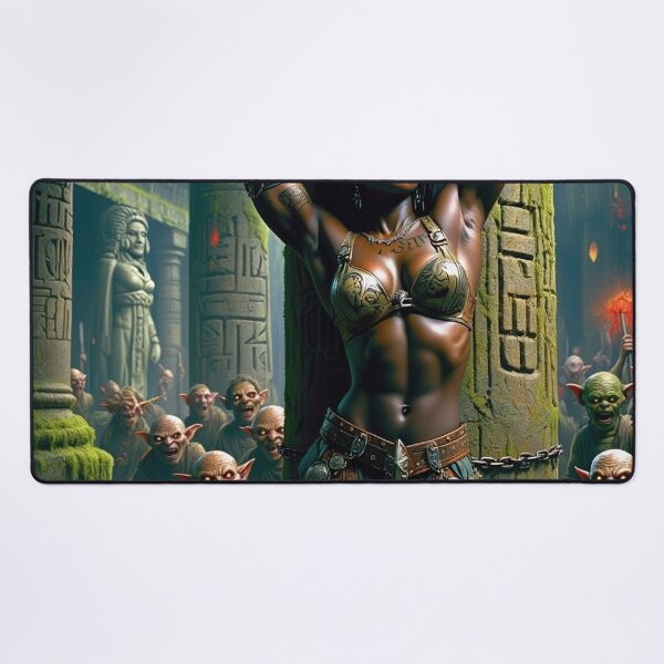 Item preview, Fantasy RPG artwork Black African Queen chained against a pillar by goblins designed and sold by Vintage Designs +.