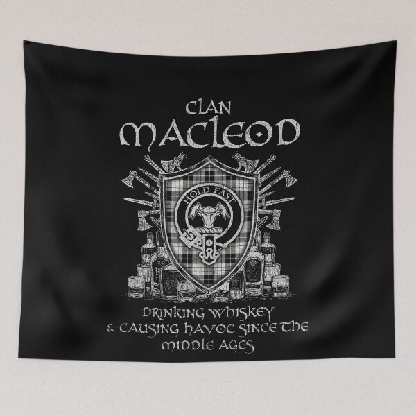 Item preview, Clan MacLeod Black & White drinking whiskey and causing havoc heritage crest tartan plaid designed and sold by Clan1093.