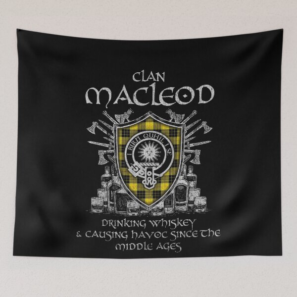 Item preview, Clan MacLeod of Lewis drinking whiskey and causing havoc heritage crest tartan plaid designed and sold by Clan1093.