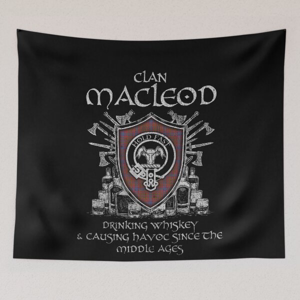 Item preview, Clan MacLeod of Tullibardine drinking whiskey and causing havoc heritage crest tartan plaid designed and sold by Clan1093.