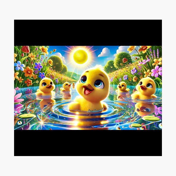 Item preview, Happy Ducklings in Blooming Pond – Bright 3D Cartoon Spring Scene designed and sold by Fresh-Threads-X.