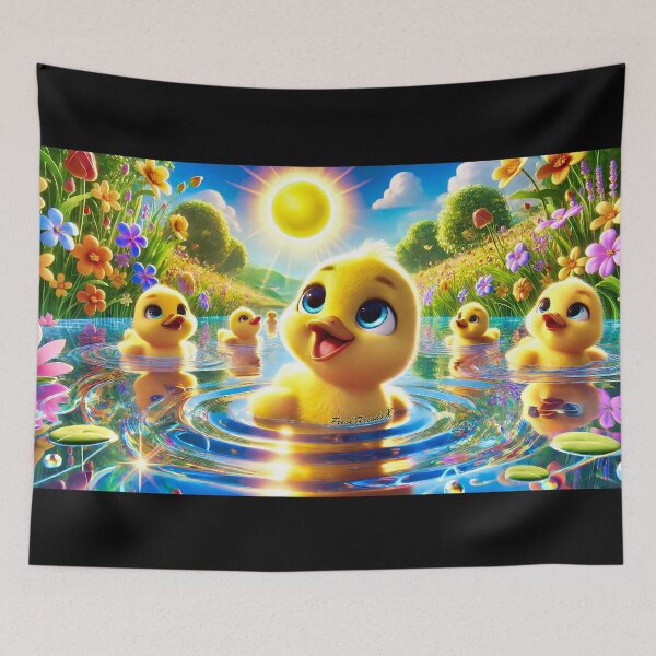 Item preview, Happy Ducklings in Blooming Pond – Bright 3D Cartoon Spring Scene designed and sold by Fresh-Threads-X.