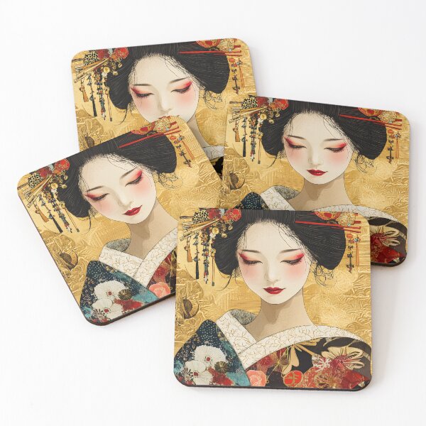 Item preview, Elegant portrait of a geisha with ornate gold details. designed and sold by Artessie.