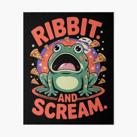 Vista previa del artículo con la obra «Ribbit and Scream – Funny Screaming Frog with Pizza and Outer Space Chaos», diseñado y vendido por HappyTumDesigns.