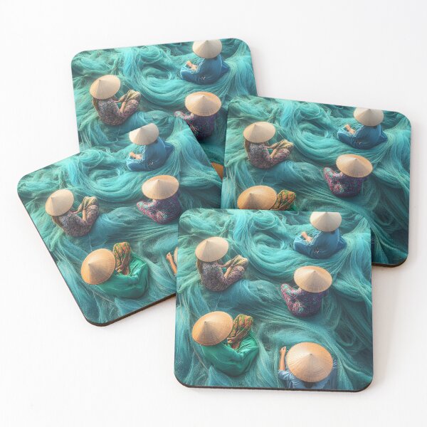 Item preview, Five figures with conical hats on blue fishing nets. designed and sold by Artessie.