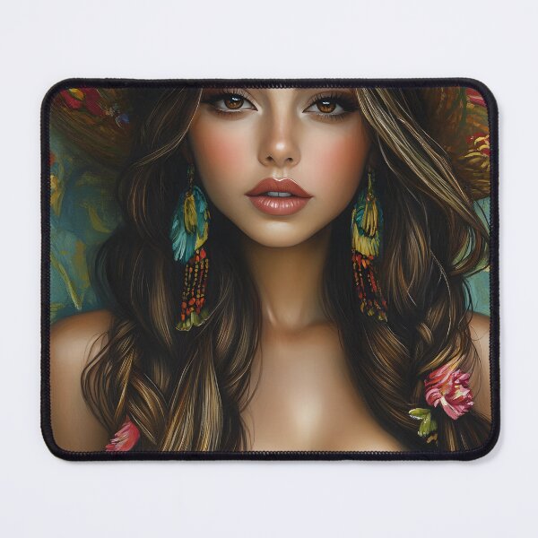 Item preview, Vibrant portrait of woman in floral hat and earrings designed and sold by Artessie.