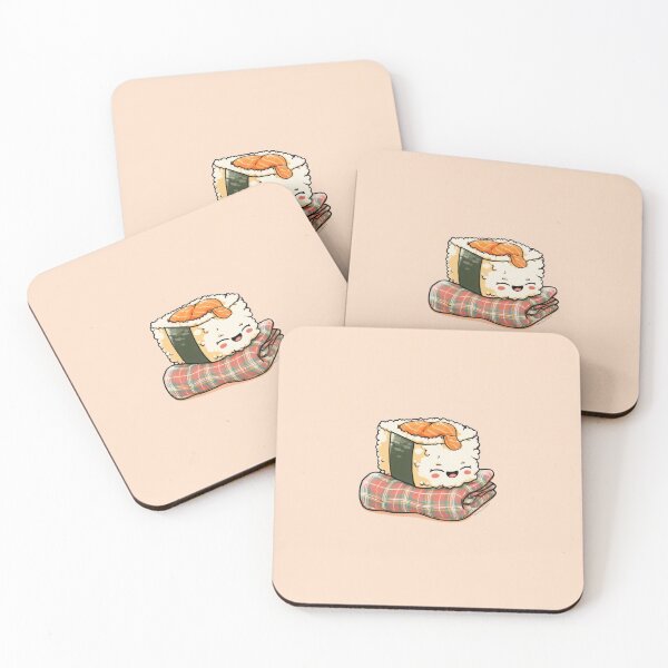 Item preview, Happy Salmon Sushi on Plaid Mat | Kawaii Japanese Food Design designed and sold by ThaiArtShop.