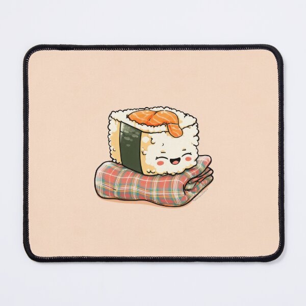 Item preview, Happy Salmon Sushi on Plaid Mat | Kawaii Japanese Food Design designed and sold by ThaiArtShop.