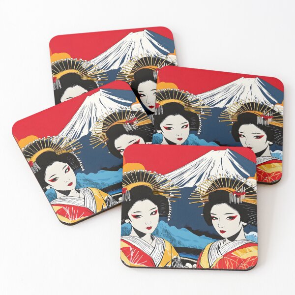 Item preview, Two Geishas with Mount Fuji in Bold Red Background designed and sold by Artessie.