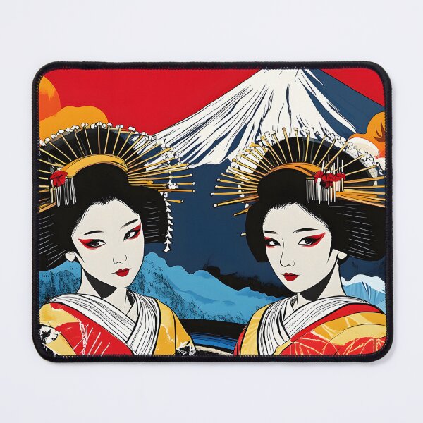 Item preview, Two Geishas with Mount Fuji in Bold Red Background designed and sold by Artessie.