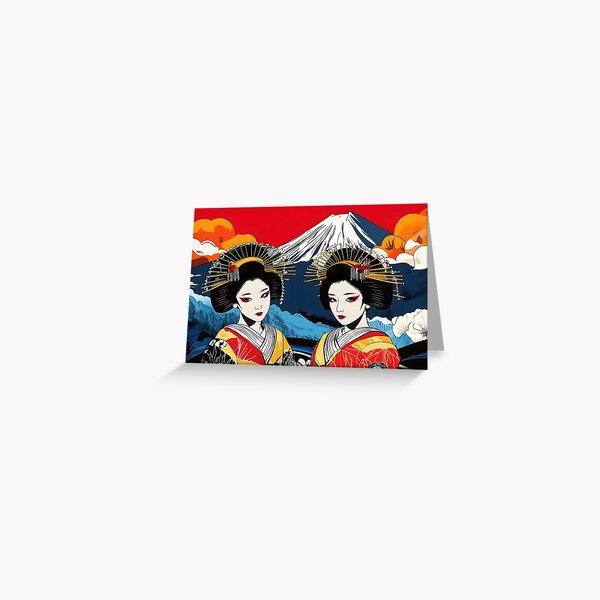 Item preview, Two Geishas with Mount Fuji in Bold Red Background designed and sold by Artessie.