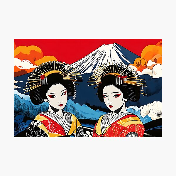 Item preview, Two Geishas with Mount Fuji in Bold Red Background designed and sold by Artessie.