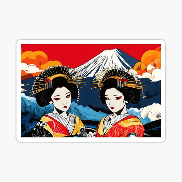 Item preview, Two Geishas with Mount Fuji in Bold Red Background designed and sold by Artessie.