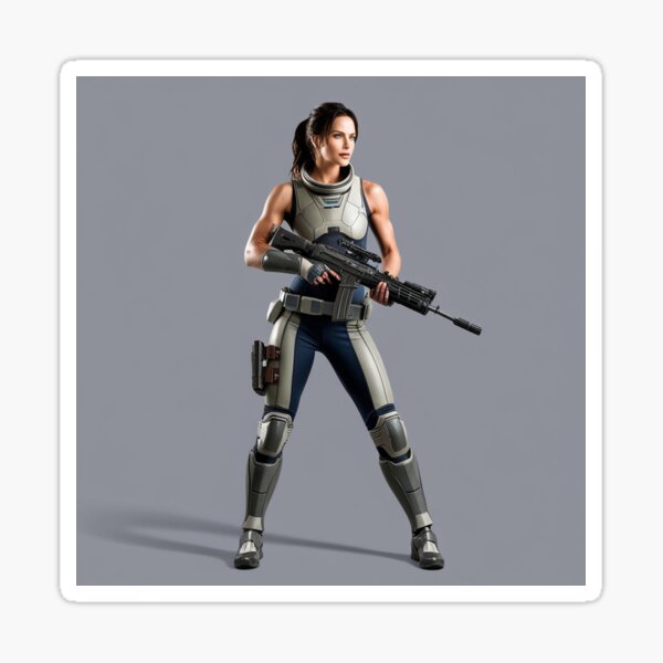 Item preview, A scifi warrior woman in full metal armor carrying a fantasy assault rifle designed and sold by Vintage Designs +.