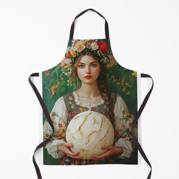 Item preview, Woman in floral attire holding a large round bread designed and sold by Artessie.