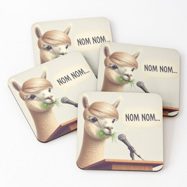 Item preview, A blonde-wigged alpaca is at a podium with a microphone, eating grass and saying NOM NOM... designed and sold by BlurBlurDesign.