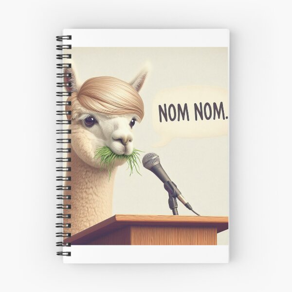 Item preview, A blonde-wigged alpaca is at a podium with a microphone, eating grass and saying NOM NOM... designed and sold by BlurBlurDesign.