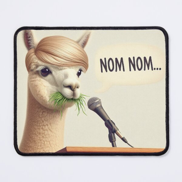 Item preview, A blonde-wigged alpaca is at a podium with a microphone, eating grass and saying NOM NOM... designed and sold by BlurBlurDesign.