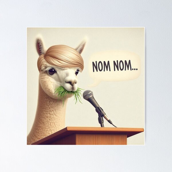 Item preview, A blonde-wigged alpaca is at a podium with a microphone, eating grass and saying NOM NOM... designed and sold by BlurBlurDesign.