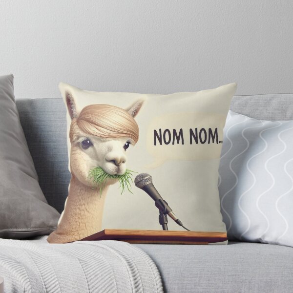 Item preview, A blonde-wigged alpaca is at a podium with a microphone, eating grass and saying NOM NOM... designed and sold by BlurBlurDesign.