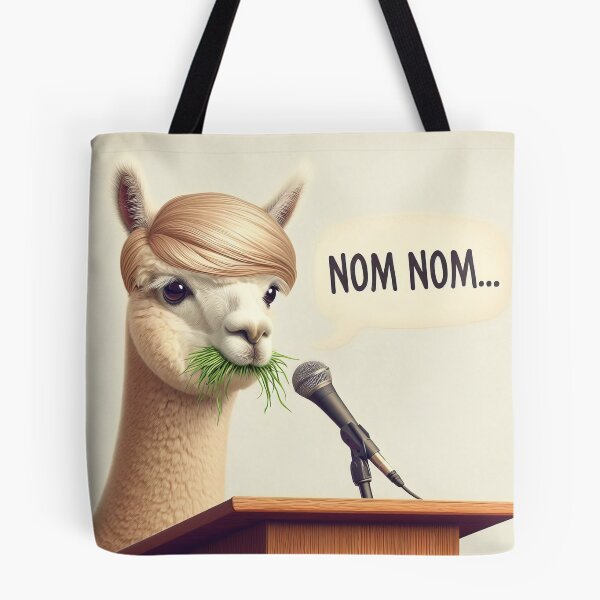 Item preview, A blonde-wigged alpaca is at a podium with a microphone, eating grass and saying NOM NOM... designed and sold by BlurBlurDesign.