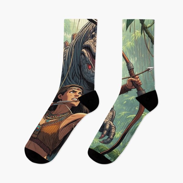 Item preview, Tyrannosaurus Rex Hunter Native American woman fantasy art graphic comic book illustration art designed and sold by Vintage Designs +.
