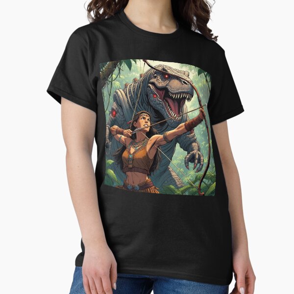 Item preview, Tyrannosaurus Rex Hunter Native American woman fantasy art graphic comic book illustration art designed and sold by Vintage Designs +.