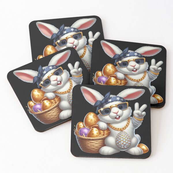 Item preview, A white bunny wearing a gold chain with a gold egg pendant covered in diamonds, gold sunglasses and a bandana standing next to a basket of gold eggs - Easter edition designed and sold by RWT-Design.