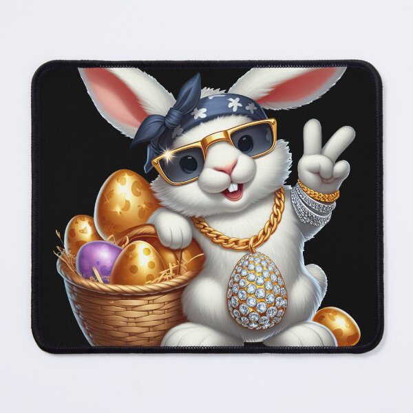 Item preview, A white bunny wearing a gold chain with a gold egg pendant covered in diamonds, gold sunglasses and a bandana standing next to a basket of gold eggs - Easter edition designed and sold by RWT-Design.