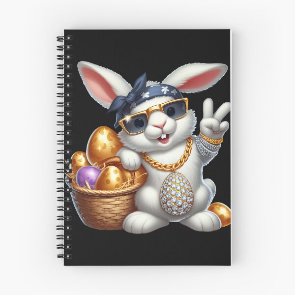 Item preview, A white bunny wearing a gold chain with a gold egg pendant covered in diamonds, gold sunglasses and a bandana standing next to a basket of gold eggs - Easter edition designed and sold by RWT-Design.