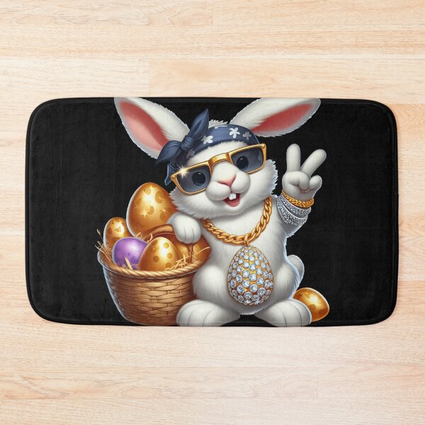 Item preview, A white bunny wearing a gold chain with a gold egg pendant covered in diamonds, gold sunglasses and a bandana standing next to a basket of gold eggs - Easter edition designed and sold by RWT-Design.