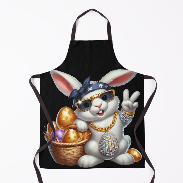 Item preview, A white bunny wearing a gold chain with a gold egg pendant covered in diamonds, gold sunglasses and a bandana standing next to a basket of gold eggs - Easter edition designed and sold by RWT-Design.