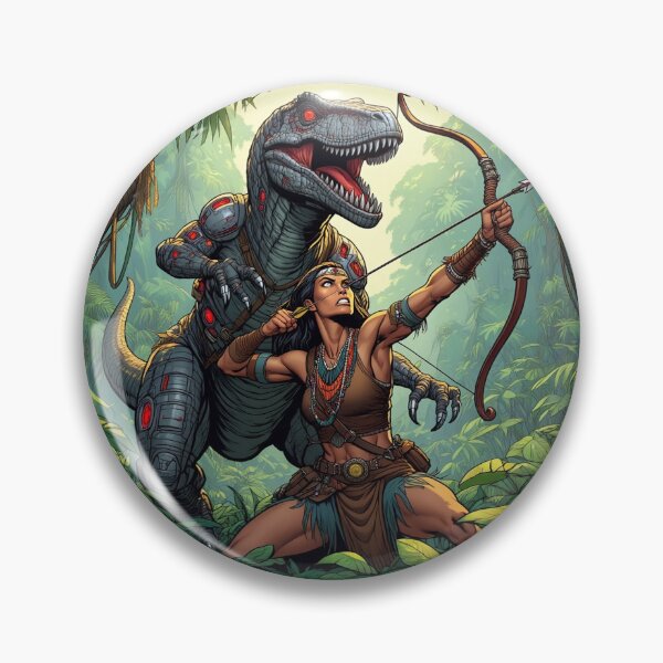 Item preview, Velociraptor robot Hunter Native American woman fantasy art graphic comic book illustration art designed and sold by Vintage Designs +.