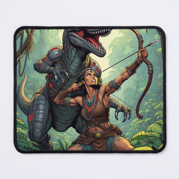 Item preview, Velociraptor robot Hunter Native American woman fantasy art graphic comic book illustration art designed and sold by Vintage Designs +.