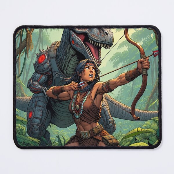 Item preview,  Tyrannosaurus Rex robot Hunter Native American woman fantasy art graphic comic book illustration art designed and sold by Vintage Designs +.
