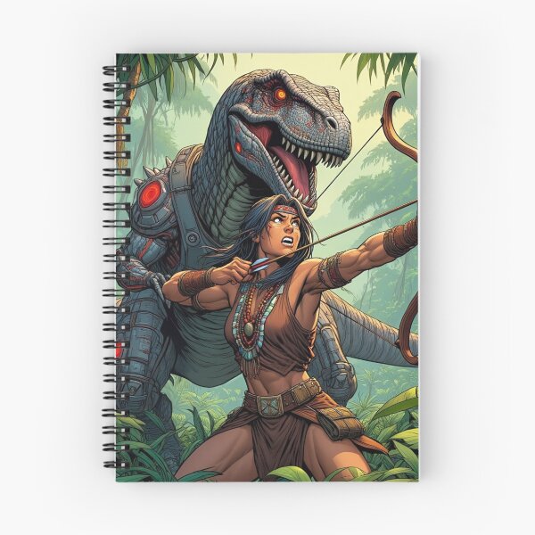 Item preview,  Tyrannosaurus Rex robot Hunter Native American woman fantasy art graphic comic book illustration art designed and sold by Vintage Designs +.