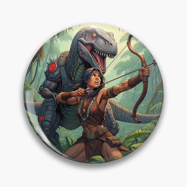 Item preview,  Tyrannosaurus Rex robot Hunter Native American woman fantasy art graphic comic book illustration art designed and sold by Vintage Designs +.