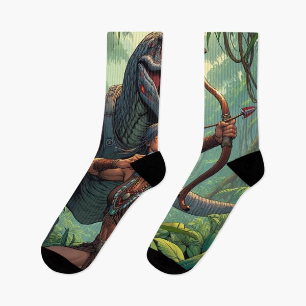 Item preview,  Tyrannosaurus Rex robot Hunter Native American woman fantasy art graphic comic book illustration art designed and sold by Vintage Designs +.