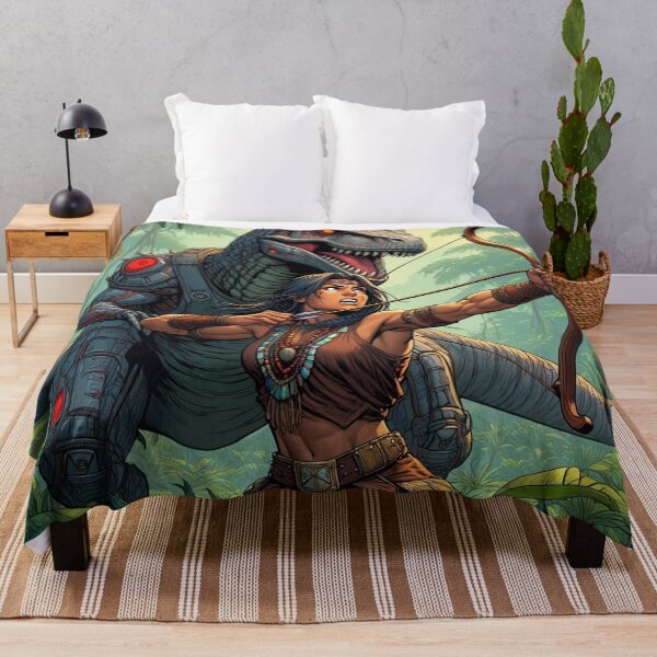 Item preview, Tyrannosaurus Rex robot Hunter Native American woman fantasy art graphic comic book illustration art designed and sold by Vintage Designs +.