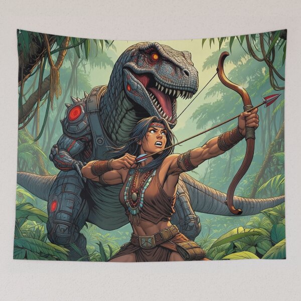 Item preview,  Tyrannosaurus Rex robot Hunter Native American woman fantasy art graphic comic book illustration art designed and sold by Vintage Designs +.