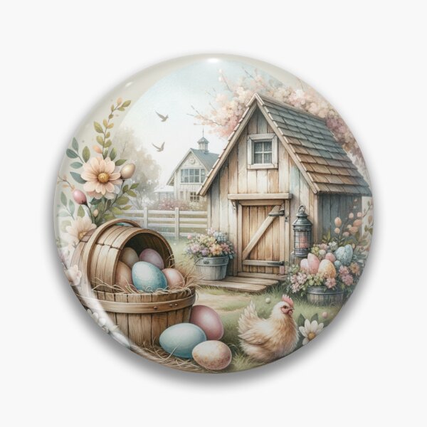 Item preview, Vintage scene, Easter chick, Easter eggs, flowers, wooden chalet, romantic designed and sold by Coolparrotgirl.